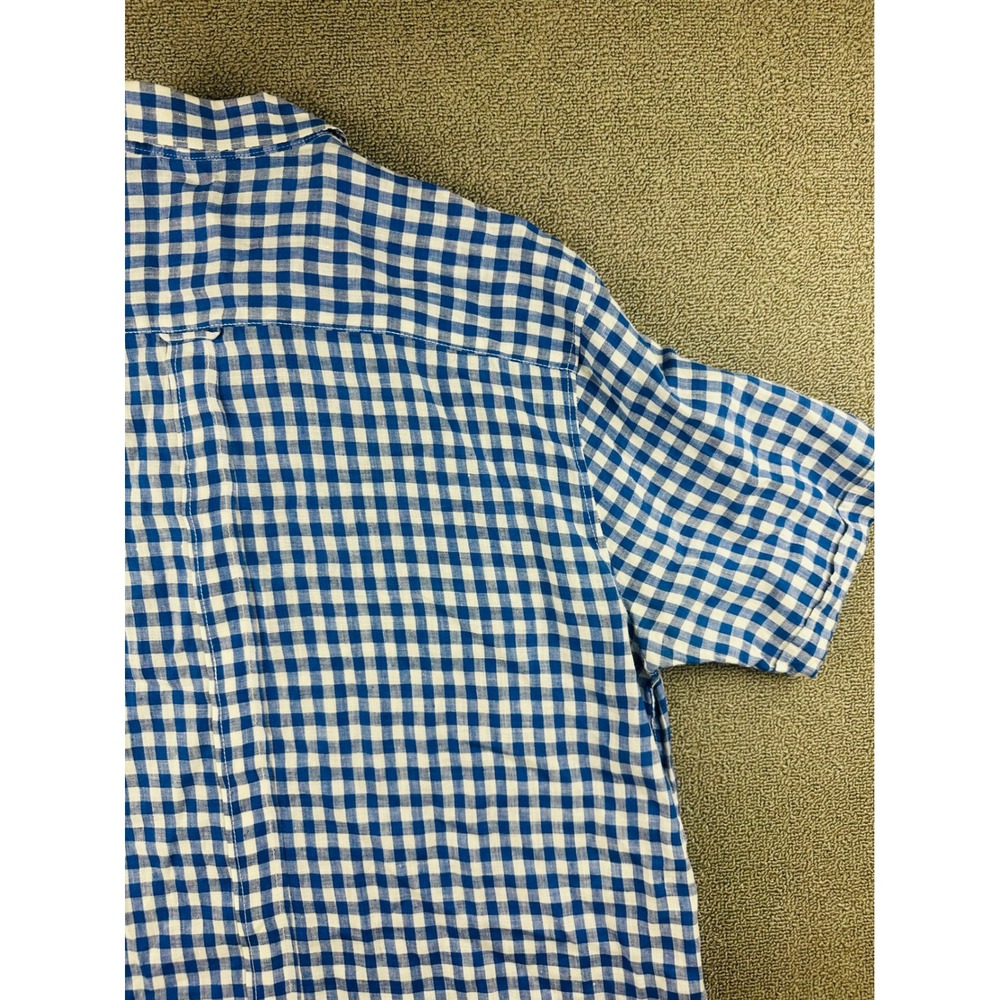 Bugatchi Uomo Shirt Men XL Blue Shaped Fit Check Gingham Linen Short Sleeve - Picture 9 of 9